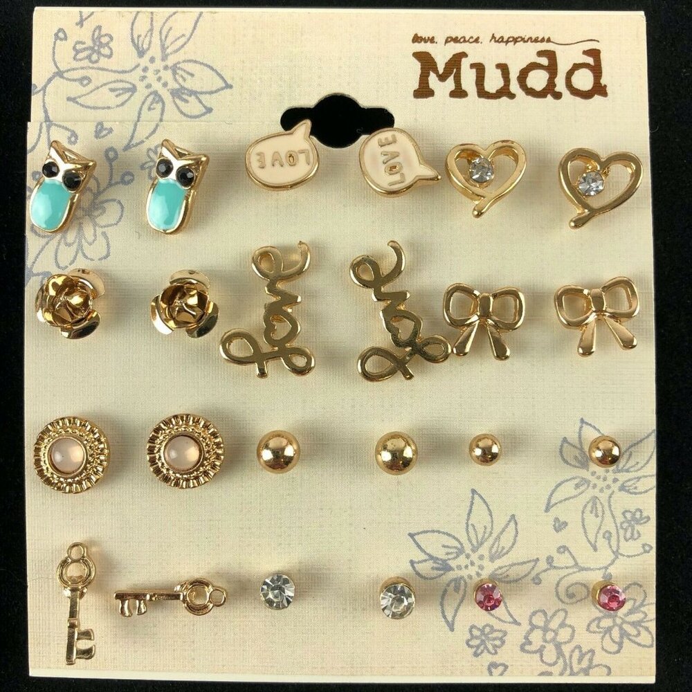 Mudd Stud Earrings 16 Pairs Gift Set Gold-tone Rhinestone Love Owls Keys Hearts